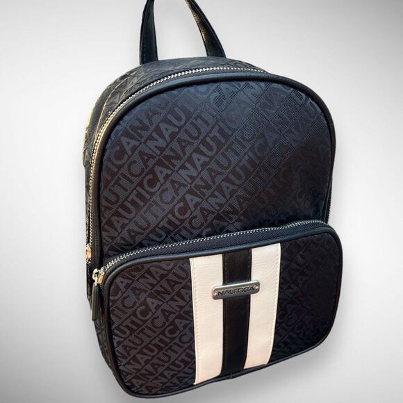 NWT Nautica Jacquard Logo Sport Striped Black & White Backpack Size Medium - Picture 16 of 17